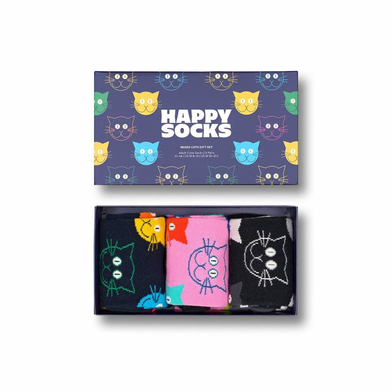【3足セット】Happy Socks ハッピーソックス Mixed Cat （ ミックス キャット ）クルー丈 ソックス ユニセックス メンズ ＆  レディース 10203516