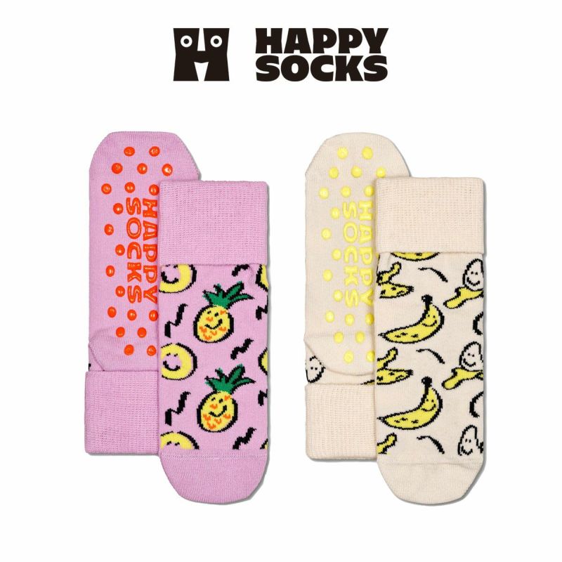 【2足セット】HappySocksハッピーソックスメンズ＆レディースプレゼント無料ラッピングギフトKids2-PackPineappleAnti-SlipSocksパイナップル＆バナナ柄子供用キッズクルー丈ソックス2足組靴下12240023