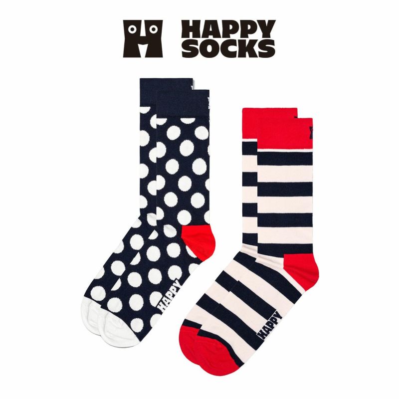 【2足セット】Happy Socks Classic Big Dot Stripe （ ドット ＆ ストライプ ）オーガニックコットン クルー丈  ソックス 10232027