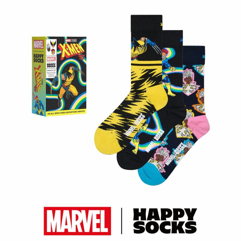 【3足セット】【Limited】 Happy Socks ハッピーソックス × Marvel ( マーベル )X-MEN（エックスメン）3-Pack  Gift Set GIFT BOX 3足セット クルー丈 ソックス ユニセックス メンズ ＆ レディース プレゼント 無料ラッピング ギフト ...